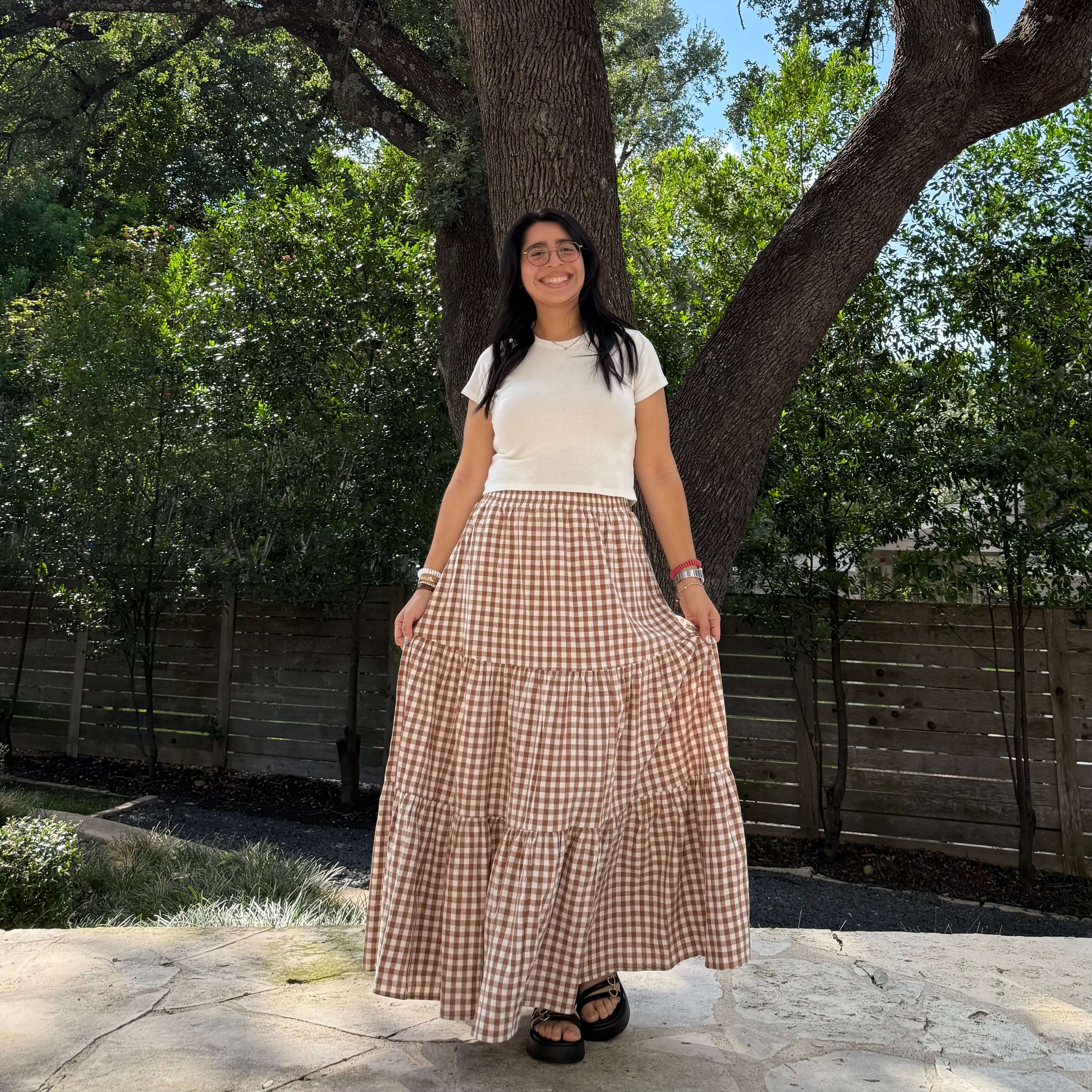 Gingham Long Skirt - Chestnut